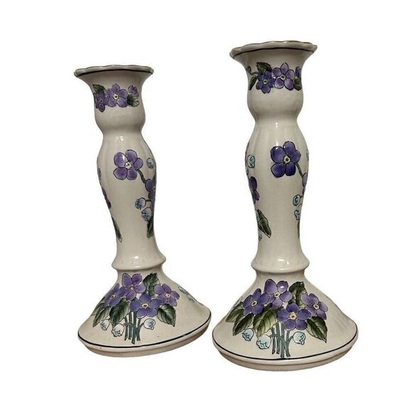 Vintage Pair Of Handpainted Candlestick Holders 8.5" Porcelain Floral Ceramic - Picture 6 of 11